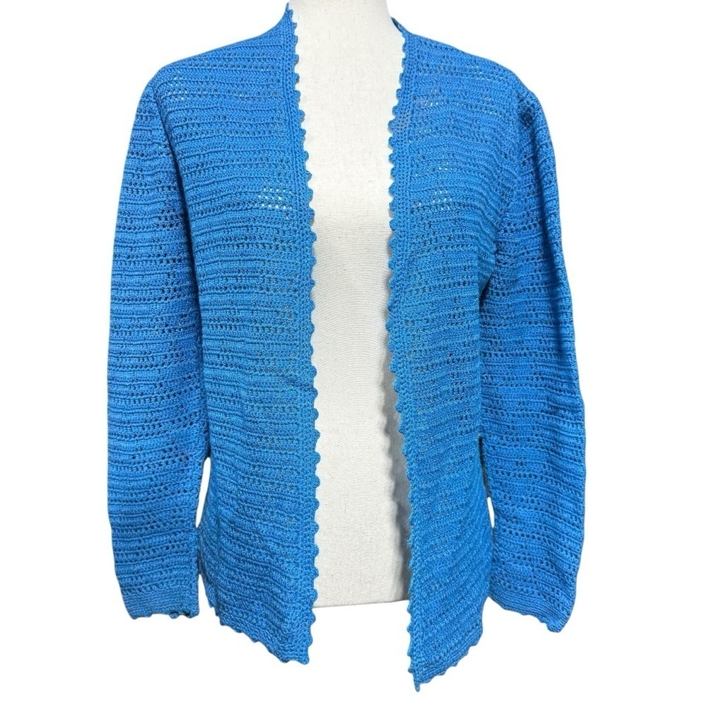 Open Front Crochet Cardigan Handmade Sweater Size M * Bright Blue Coastal Artsy